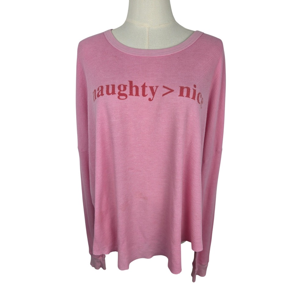 Wildfox Thermal Waffle Top Large Pink Naughty > Nice Graphic Long Sleeve Holiday